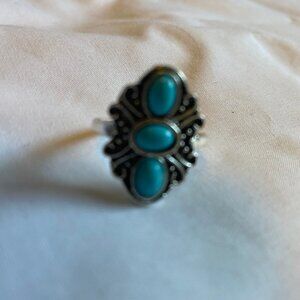 Native American Sterling Silver W/ 3 Turquoise Gemstones Ring Size 6 For Women